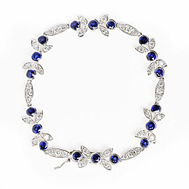 18K White Gold 1 3/4 Cttw Diamond and 3x3mm Round Blue Sapphire Gemstone Floral Link Bracelet (G-H Color, SI1-SI2 Clarity) - Size 7"