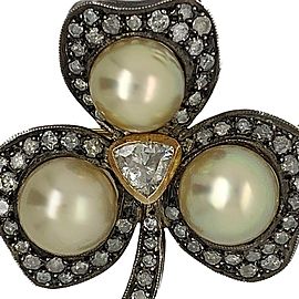 Silver and Gold Rose Cut Diamond with Cultured Pearl Brooch