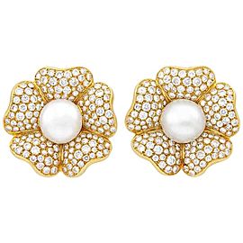 18 Karat Gold, South Sea Cultured Pearl and Diamond Flower Clip-On Earrings