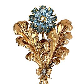 Cartier 14 Karat Yellow Gold Aquamarine Diamond Leaf Brooch