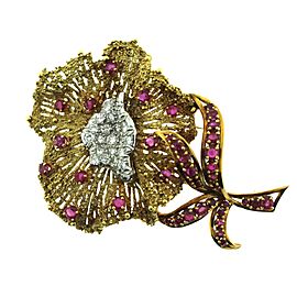 18K Yellow Gold with 1.5ctw. Diamond and 3ctw. Ruby Flower Brooch