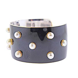 French 1950s Pearl Enamel Gold Cuff Bracelet