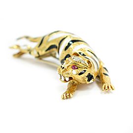 David Webb Tiger Brooch With Ruby Pear Shaped Eyes & Diamonds 18K Yellow Gold