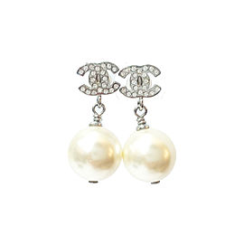 Chanel CC Rhinestone Simulated Glass Pearl Dangle Piercing Earrings