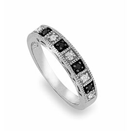 Solid Sterling Silver Black & White Diamond Band Ring