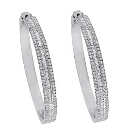 ▌18K White Gold 1.07CT Baguette & Round Diamonds 1.35" Hoop Earrings