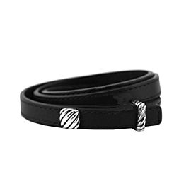 David Yurman 925 Sterling Silver & Black Leather Triple Wrap Cable Bracelet