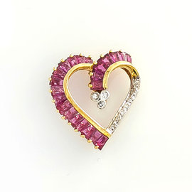 14K Yellow Gold Heart 0.1 Ct Diamond Baguette Rubies Heart Pendant 1.7 Grams