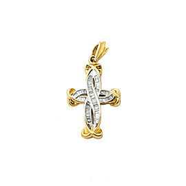 14K Two Tone White Yellow Gold 1.50 Ct Baguette Diamond Cross Pendant 1.25"