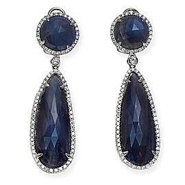 Rose Cut Sliced 33CT Blue Sapphire 1.04 CT Diamonds 14K Gold Drop Earrings »N116