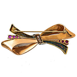 14K Yellow Rose Gold Two Tone Rubies Diamonds Ribbon Pin Brooch 2.75"