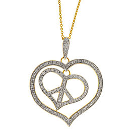 18k Yellow Gold Peace Sign Heart Diamond Pendant Necklace