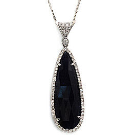 Rose Cut Sliced 26 CT Blue Sapphire 0.58 CT Diamonds 14K White Gold Necklace