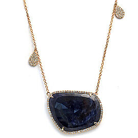 Rose Cut Sliced 30 CT Blue Sapphire 0.67 CT Diamonds 14K Yellow Gold Necklace