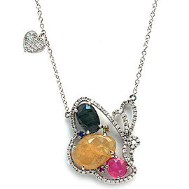 Sliced 6.76 CT Multi Sapphire 0.59 CT Diamonds 14K Gold Butterfly Heart Necklace