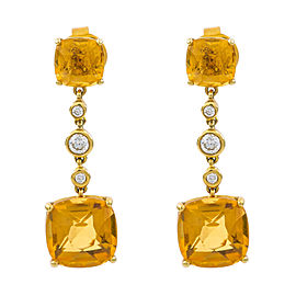 18K Yellow Gold 0.32 Ct Diamond 13 Ct Citrine Dangle Earrings 6.5 Grams