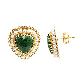 14K Yellow Gold Heart Jade Pearls Earring 8.7 Grams