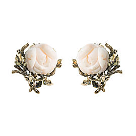 Vintage 14K Yellow Gold Cameo Rose Flowers Clip On Earrings 17.2 Grams