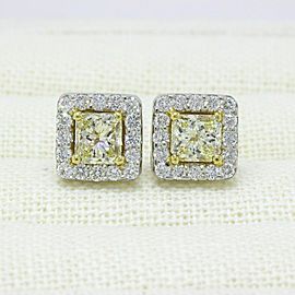 Light Yellow Princess Halo Diamond Earrings 3.96 tcw 18k White Yellow Gold 25K