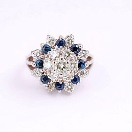 Round Brilliant Diamond & Sapphire Princess Style Flower Cocktail Ring 14kt WG