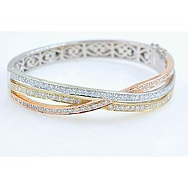 Tri-Color Round Diamond Bangle Bracelet 14 kt White Yellow Rose Gold 2.00 tcw