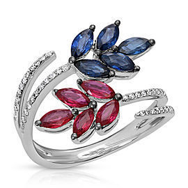 1.89 CT Sapphire & Ruby 0.25 CT Diamonds in 18K White Gold Leaf Cluster Ring