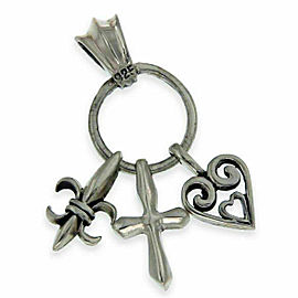 Solid Sterling Silver Multi Charm Cross-Fleur De Lys-Heart Pendant