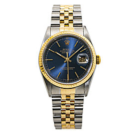 Rolex Datejust 16233 Mens Automatic Watch Blue Dial 18k Two Tone 36mm