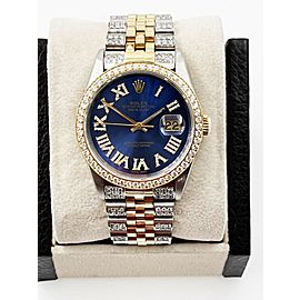 Rolex Datejust Blue Diamond Dial Bezel Band 14K Yellow Gold Stainless