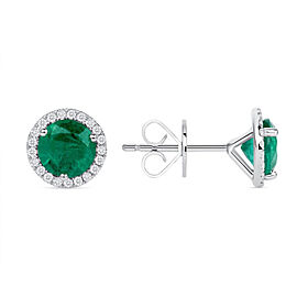 True 1.53 CT Natural Colombian Emerald 0.15 CT Diamonds 14K White Gold Stud Earrings