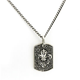 King Baby Silver and Diamond Fleur-de-Lis Relic Dog Tag Pendant Necklace 24"