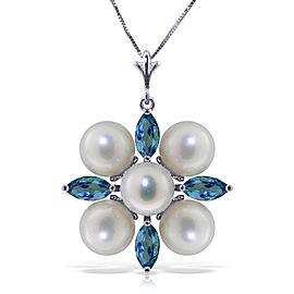 6.3 CTW 14K Solid White Gold Peace Of Heaven Blue Topaz pearl Necklace