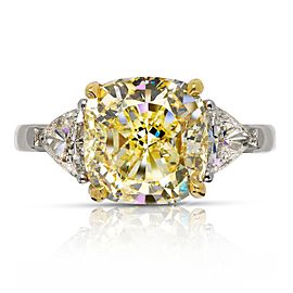 5 CARAT CUSHION CUT TREE STONE NATURAL FANCY YELLOW DIAMOND ENGAGEMENT RING PLATINUM & 18K GOLD CERTIFIED 4 CT VS1 BY MIKE NEKTA