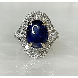 18K White Gold Oval Cut Cabochon Blue Sapphire Diamond Ring