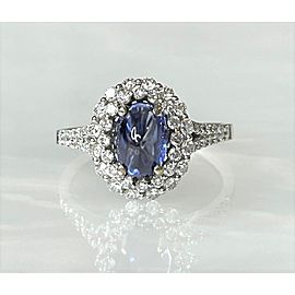 18K White Gold Oval Cut Blue Sapphire Cabochon Diamond Ring