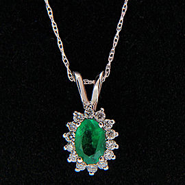 Vintage .52ct Bright Green Oval Emerald 0.16ct Diamond 14k White Gold Pendant