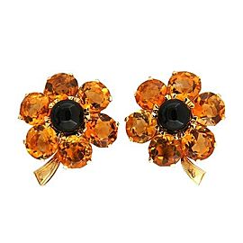 Vintage 27.00ct Flower 18k Yellow Gold Citrine 8mm Black Onyx Post Clip Earrings