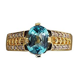 Vintage 2.50ct Oval Blue Zircon 18k Yellow Gold .20ct Full Cut Diamond Ring