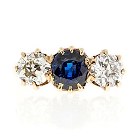 Estate 1900s 14k Yellow Gold Bright Blue Sapphire Old European Cut Diamond Ring