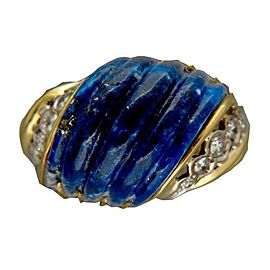 Vintage Large Untreated Carved Blue Lapis Large 18k 2 Tone Gold 10 Diamond Ring