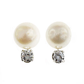 Vintage 1960 Cultured Pearl Diamond Earrings 14k White Gold