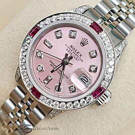 Rolex Ladies Datejust 26mm Ruby and Diamond Bezel/Lugs/Pink Dial Steel Watch