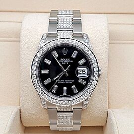 Rolex Date Diamond Bezel/Case/Bracelet Black Baguette Steel Watch