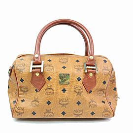 MCM Cognac Monogram Visetos Boston 870312 Brown Coated Canvas Satchel