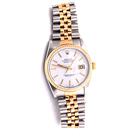 Rolex Datejust 18K Yellow Gold & Stainless Steel White Stick Marker Dial 36mm Mens Watch