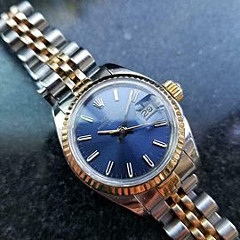 ROLEX Ladies 18k Gold & ss Oyster Date Blue Dial, c.1984 w/Box and Paper LV973