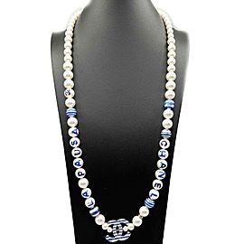 CHANEL - 2019 Cruise La Pausa Glass Pearl CC Long - White / Blue Necklace