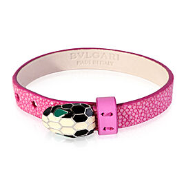 Silver Tone Bulgari Serpenti Forever Bracelet On Pink Leather