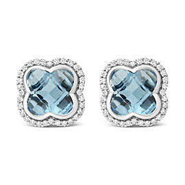 True 18K White Gold 3/8 Cttw Diamond and 11x11mm Clover-Cut London Blue Topaz Gemstone Halo Clover Stud Earrings (G-H Color, SI1-SI2 Clarity)