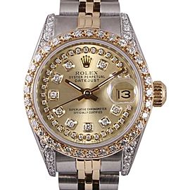 Rolex Datejust 2 Tone 18K Yellow Gold/Stainless Steel Champagne String Diamond Dial, Bezel & Lug 26mm Womens Watch